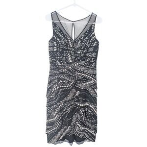 Adrianna Papell Black & Cream Mesh Tiered Sheath Dress Size 8